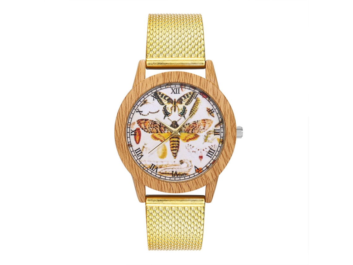Relógio de quartzo unissex com pulseira de malha, mostrador redondo, pulseira moderna (dourado)