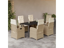 Vidaxl 7 Pcs Conjunto De Jantar P/ Jardim Com Almofadões Vime Pe Bege
