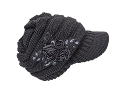 Chapéu De Malha Quente Feminino De Inverno Com Visor Em Forma De Gancho E Decoração De Flores Com Lantejoulas