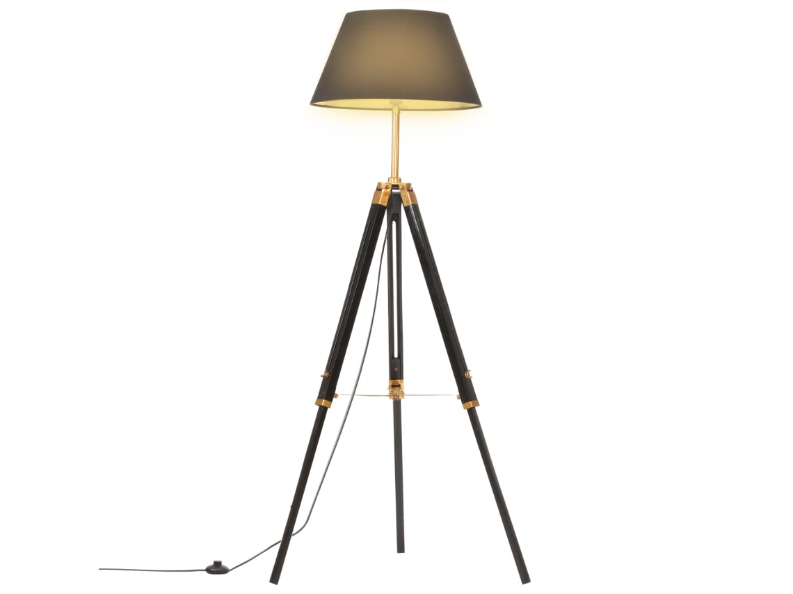 Vidaxl Candeeiro De Chão Tripé 141 Cm Teca Maciça Preto/dourado