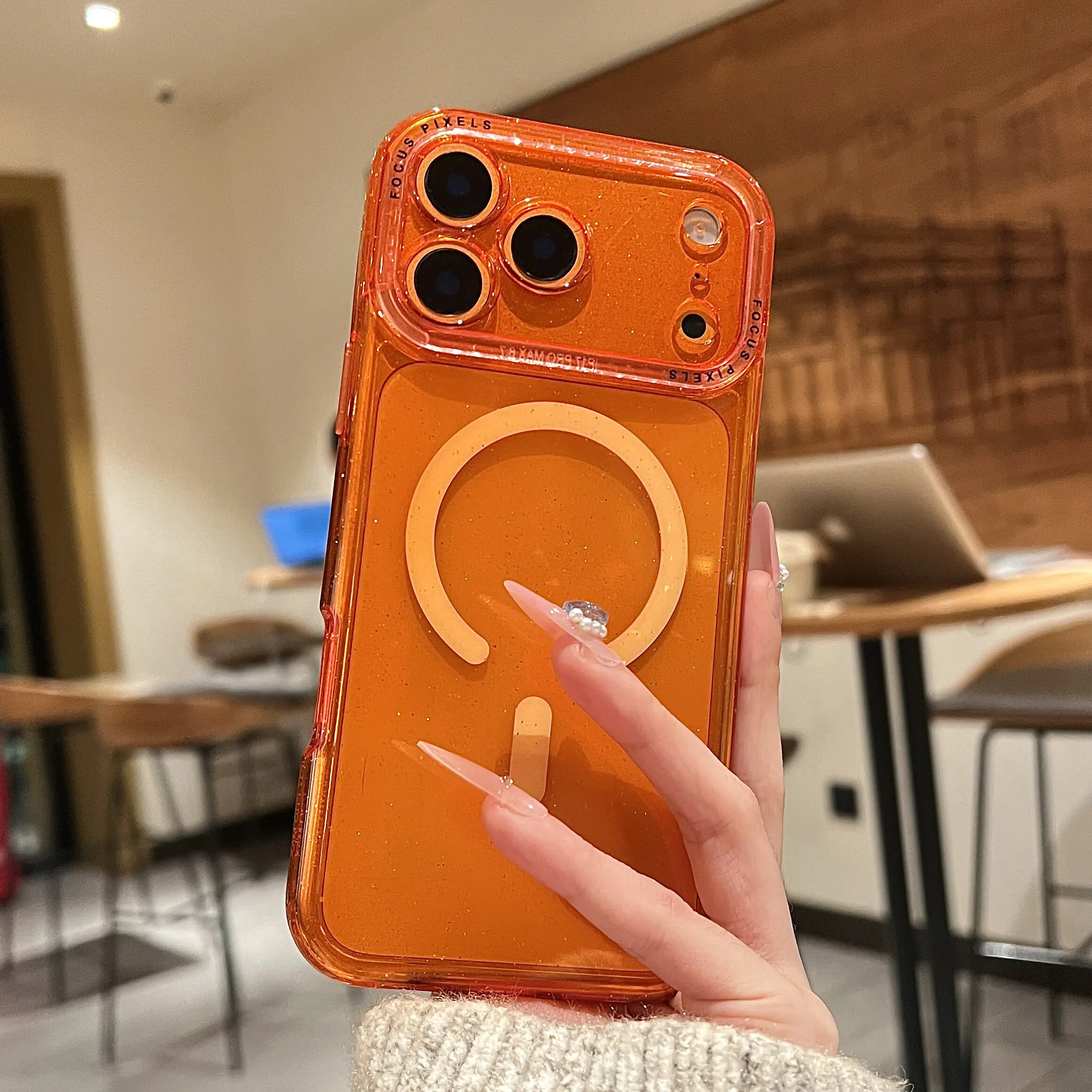 Capa Protetora Magnética Transparente Com Glitter 2 Em 1 Para Iphone 16 Pro Max (laranja).