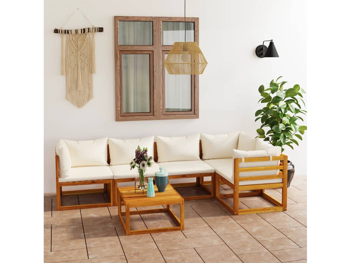 Conjunto Lounge 6 Peças Jardim C/ Almofadões Acácia Maciça Creme Dkd Home Decor