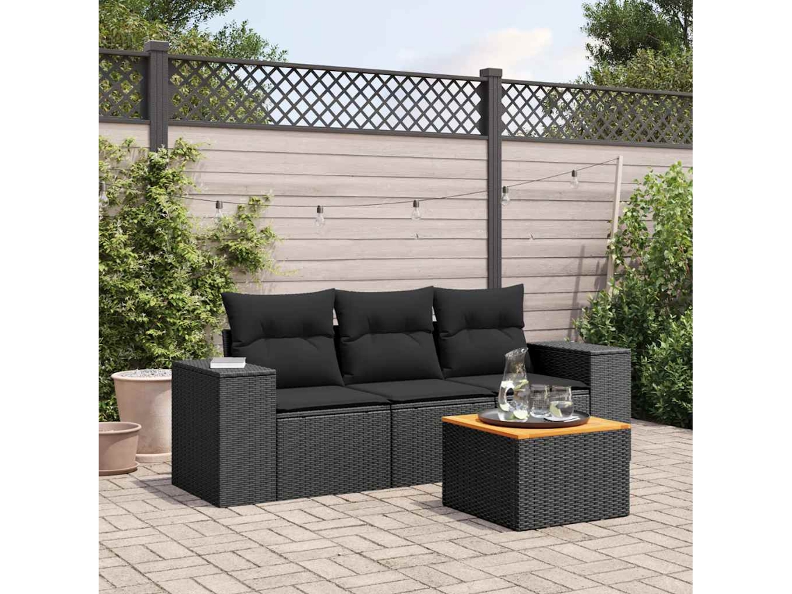 Vidaxl 4 Pcs Conjunto De Sofás Para Jardim C/ Almofadões Vime Pe Preto