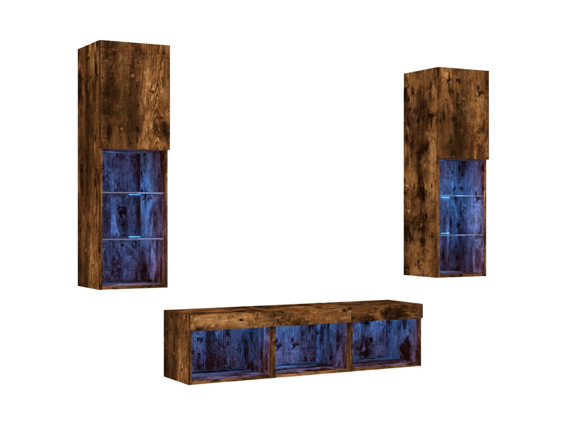 Conjunto de Parede Móveis P/ Tv C/ Leds Derivados Madeira Carvalho Fumado MAISON EXCLUSIVE