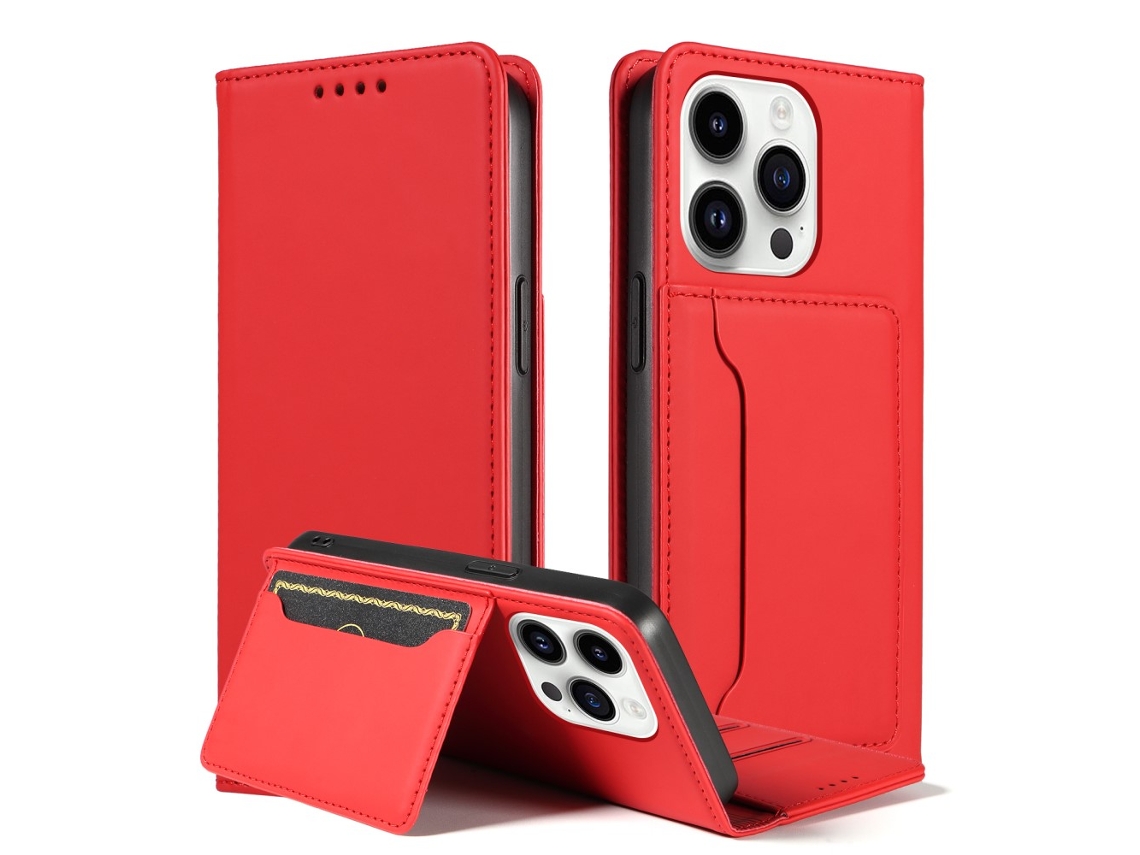 Capa Quedas Para Iphone 14 Pro Pele Sintética Magnética Vermelho