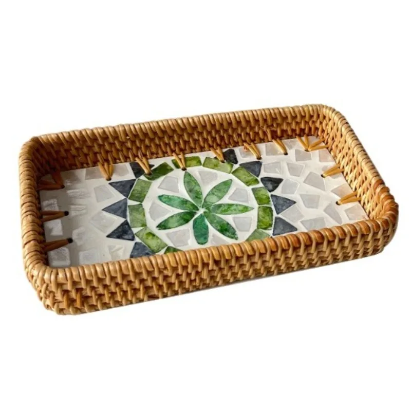 Bandeja de Armazenamento em Rattan , Fruteira Decorativa. MDUG (grande, Verde 38 X 25 X 5 Cm)