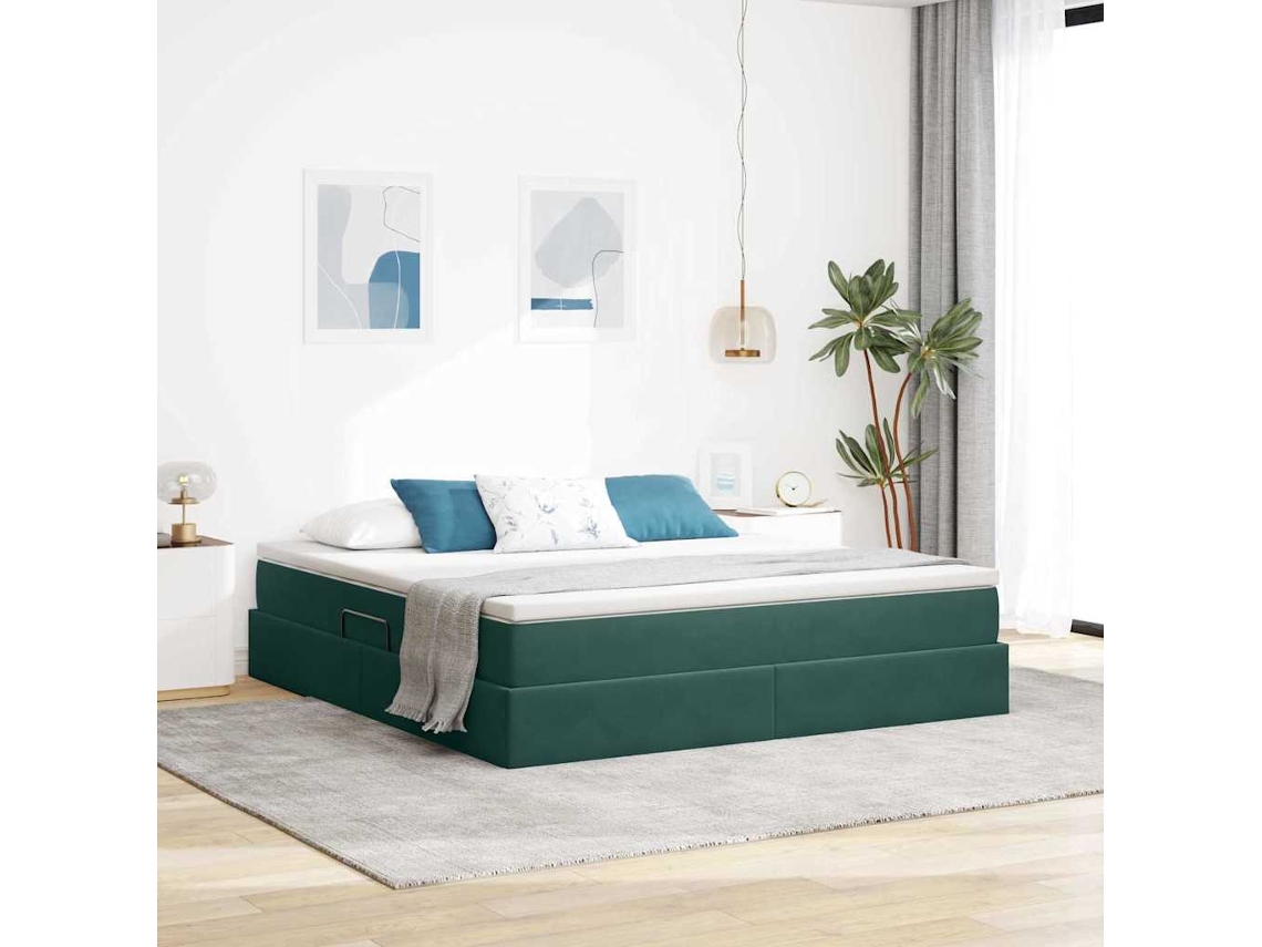 Vidaxl Cama Com Arrumação E Colchão Verde Escuro 180 X 200 Cm Veludo