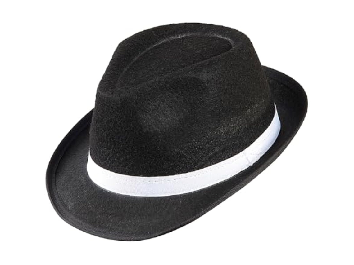 Fantasia de gângster em feltro preto com faixa branca, acessório estilo anos 20/30 para fantasias.