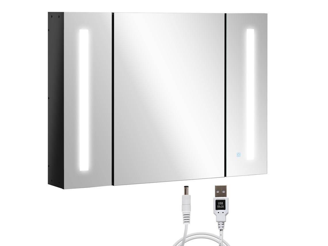 Armário de banheiro com espelho de parede em MDF, com 3 armários, 3 prateleiras e luz LED, 90x15x65cm, preto, E-TOWN COMMERCE GMBH