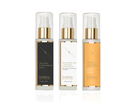 Sérum Elixir de Colágeno com Vitamina C (60 ml) Sérum Elixir de Colágeno com Ácido Hialurônico (60 ml) Sérum Elixir Antirrugas com Ouro 24K (60 ml) Erth Skin London