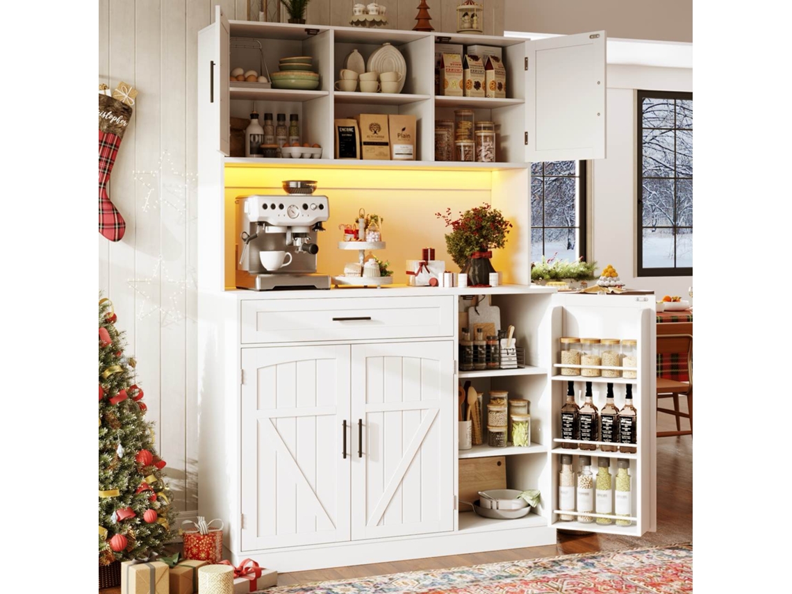 Seitenschrank 110x38x180cm, Landhausstil, 5 Türen, Led-leiste+steckdose, Weiß-hm