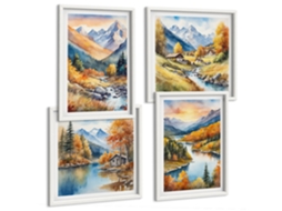 Composição De Quadros Rios De Montanha Árvores De Outono Espelharte (4 Peças)
