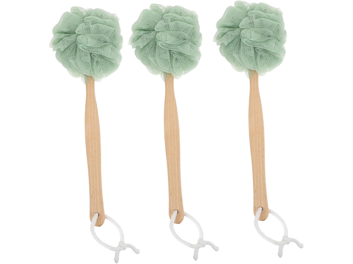 Conjunto De 3 Escovas Banho E Removedor Pele Morta Fomiyes, Em Nylon Verde E Madeira, Com Cabo Longo Para Esfoliação