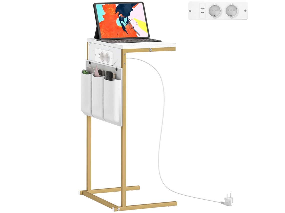 Mesa Lateral com Padrão de Mármore Usb Carregamento Armazenamento 25,5x40x71 Cm | SINI TECH STORE