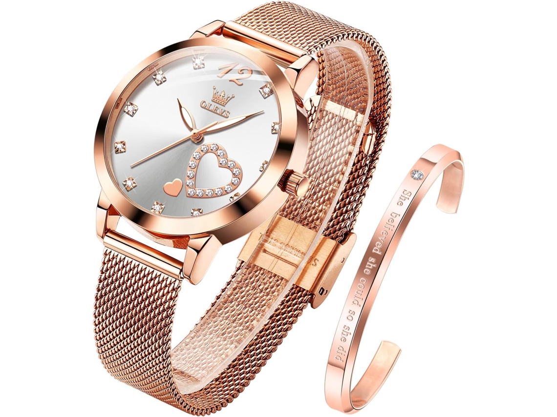 Lurelia Relógio Feminino, Movimento De Quartzo, Data/calendário, Detalhes Com Strass, Aço Inoxidável, Resistente À Água, Rosa Ouro, Branco