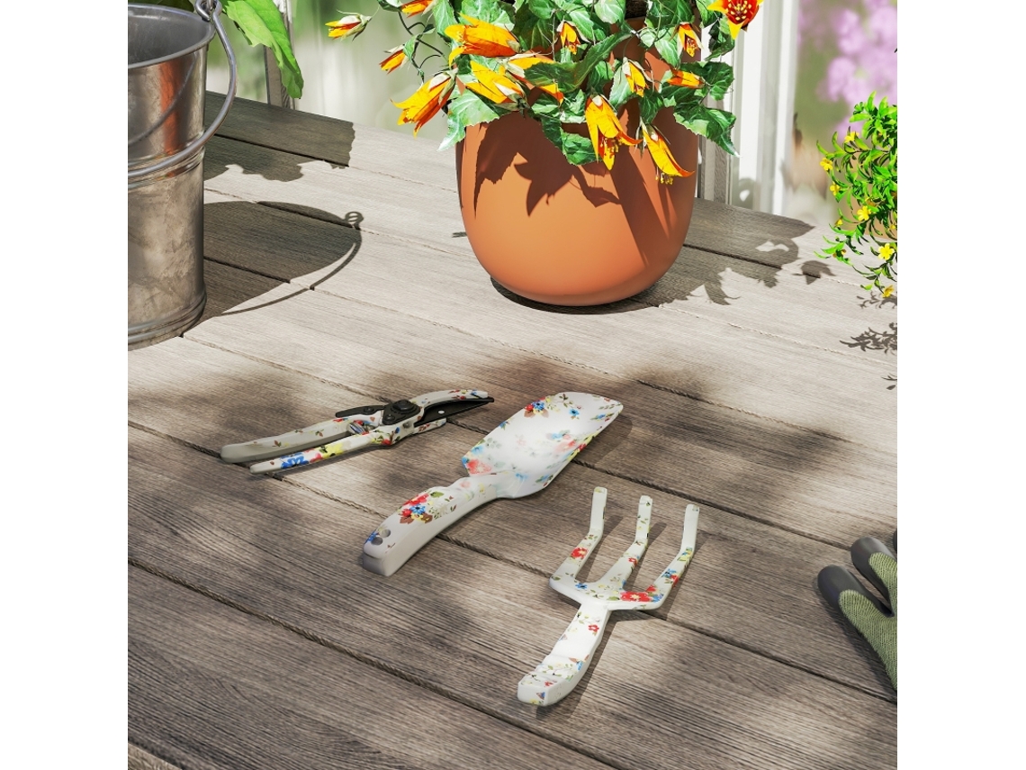 Conjunto de 3 ferramentas de jardinagem em alumínio: tesourão de poda, pá e ancinho manual, ideal para poda