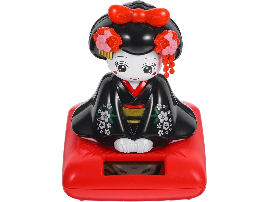 Boneca De Quimono Movida A Energia Solar Com Cabeça Oscilante, Carro, Estatueta Decorativa De Plástico Preto, Ornamento