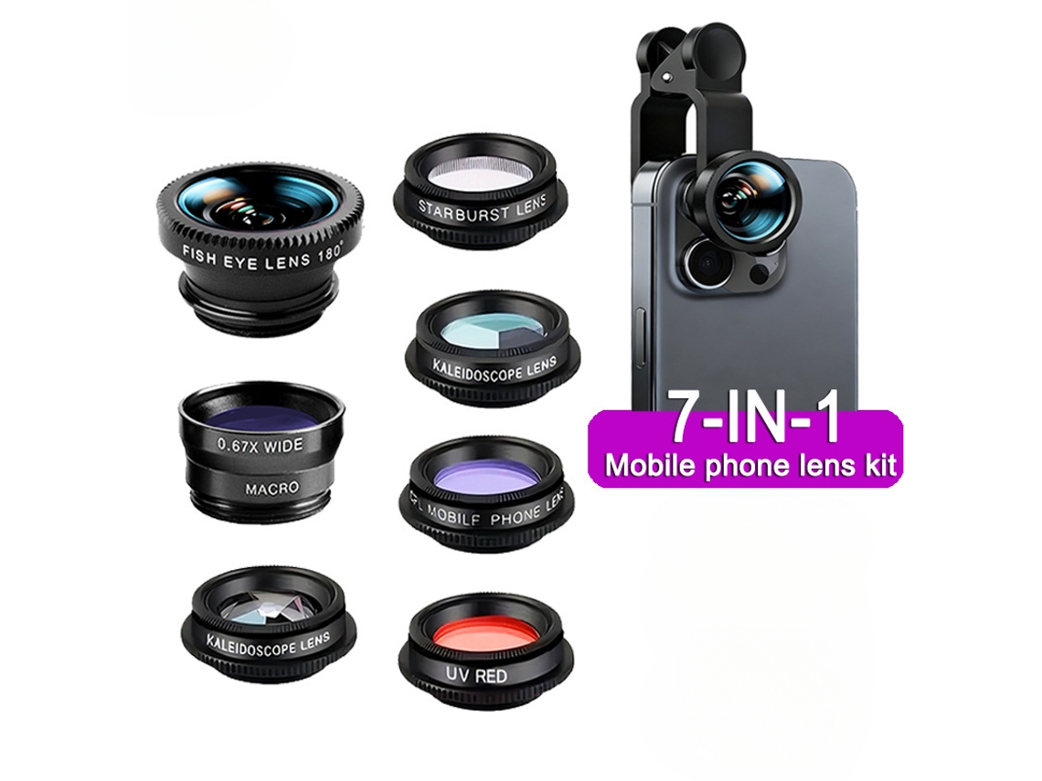 Kit de Lente 7 in 1 Lentes Grande angular, Macro, Olho de Peixe, Caleidoscópio e Filtros para Celulares e Câmeras CUICH