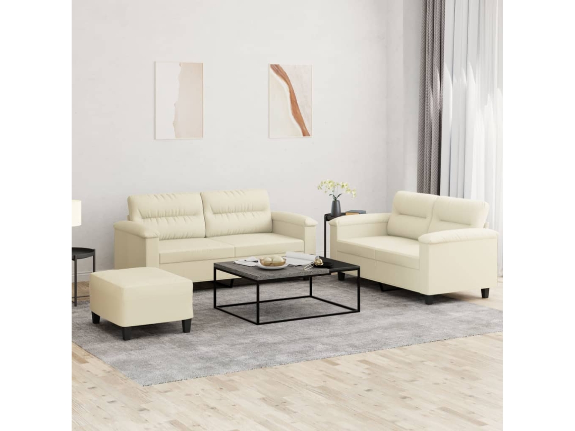 Vidaxl 3 Pcs Conjunto Sofás C/ Almofadões Couro Artificial Cor Creme