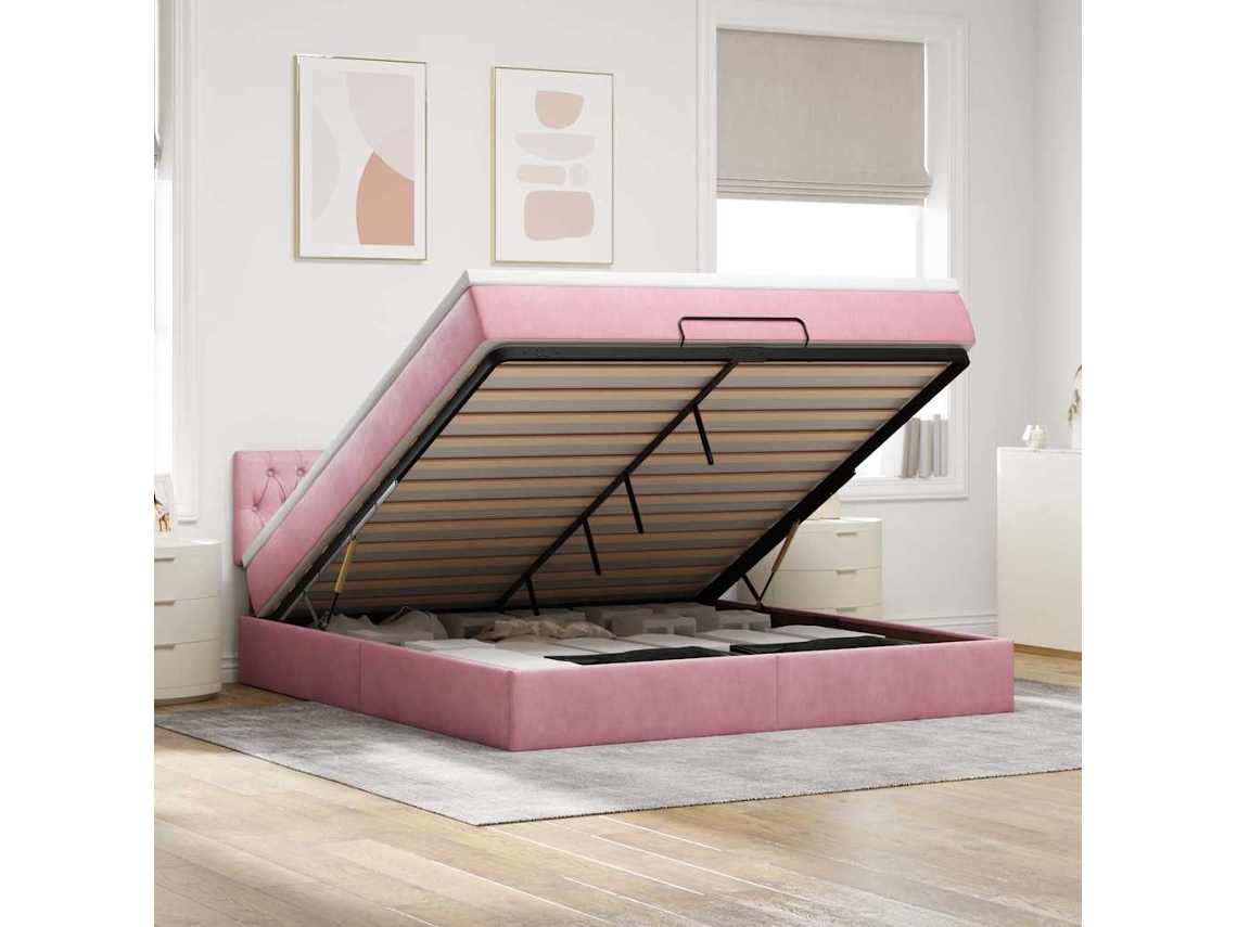 Vidaxl Estrutura De Cama Otomana Com Colchão 160x200 Cm Veludo Rosa