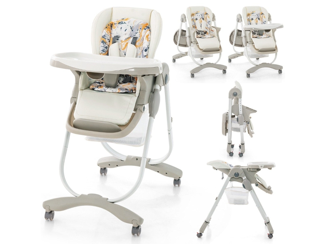 Cadeira alta dobrável para bebê altura ajustável rodas apoio para pés e encosto branco B2X