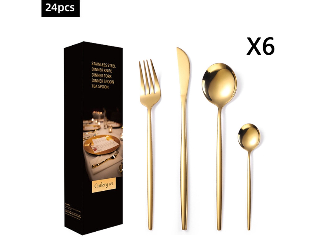 Conjunto De Talheres De Aço Inoxidável (24 Peças - Dourado) Com Faca, Garfo E Colher.