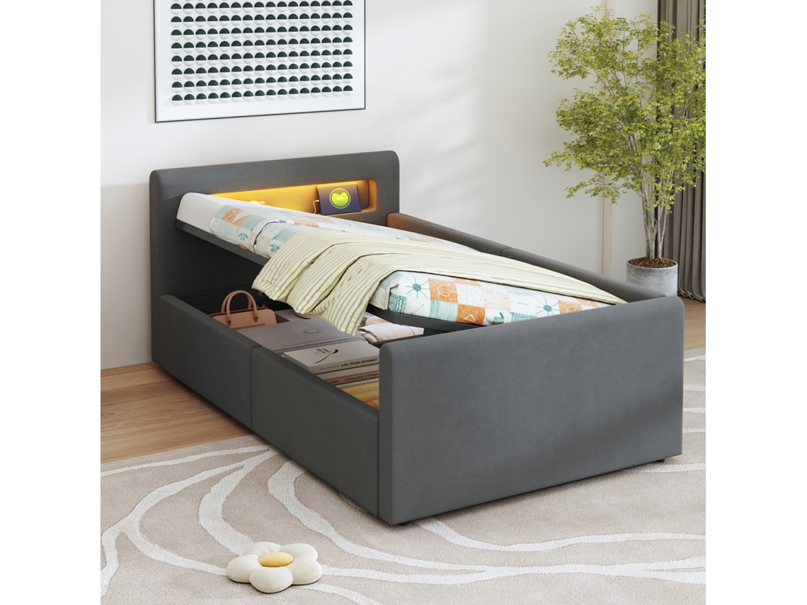Cama Estofada 90x200 C/ Led Usb, Elevação E Prateleira