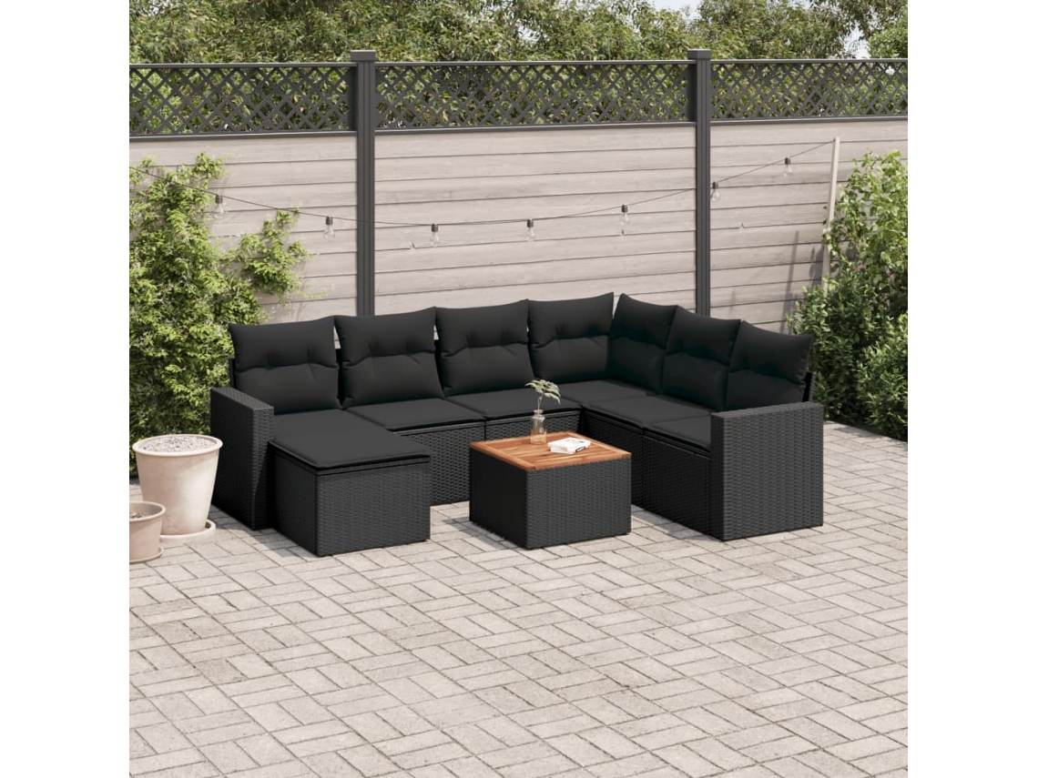 Vidaxl 8 Pcs Conjunto Sofás De Jardim Com Almofadões Vime Pe Preto