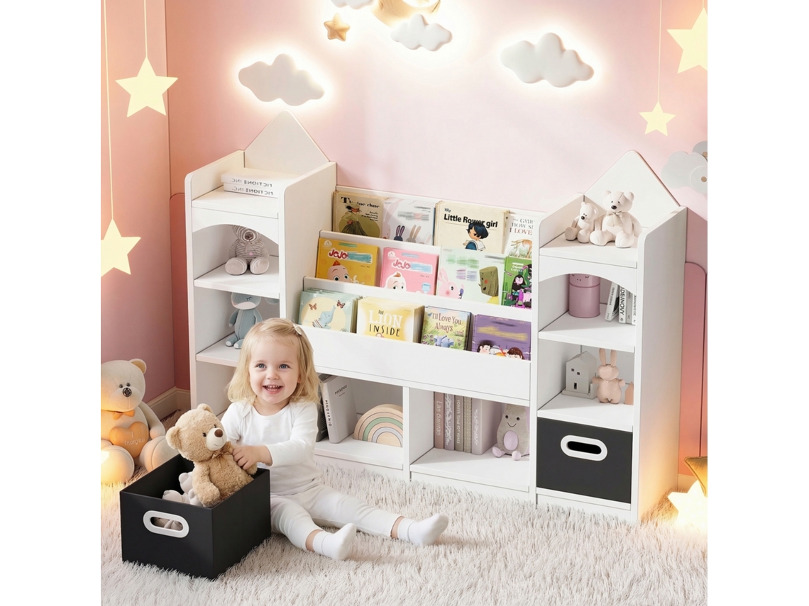 Estante Infantil NOVELA 130x30x90 Cm para Livros e Brinquedos com 2 Caixas Dobráveis