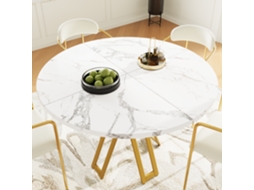 Mesa Redonda Luxuosa 100×100×76cm Tampo Mdf Marmorizado Pés Dourados Sala E Sala De Jantar