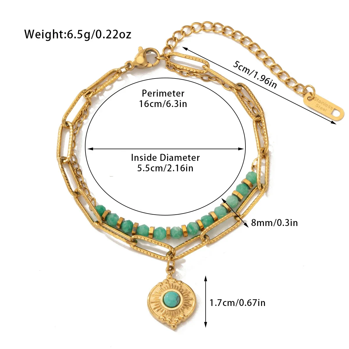 Pulseira Boêmia Em Aço Titânio Com Contas De Pedra Natural