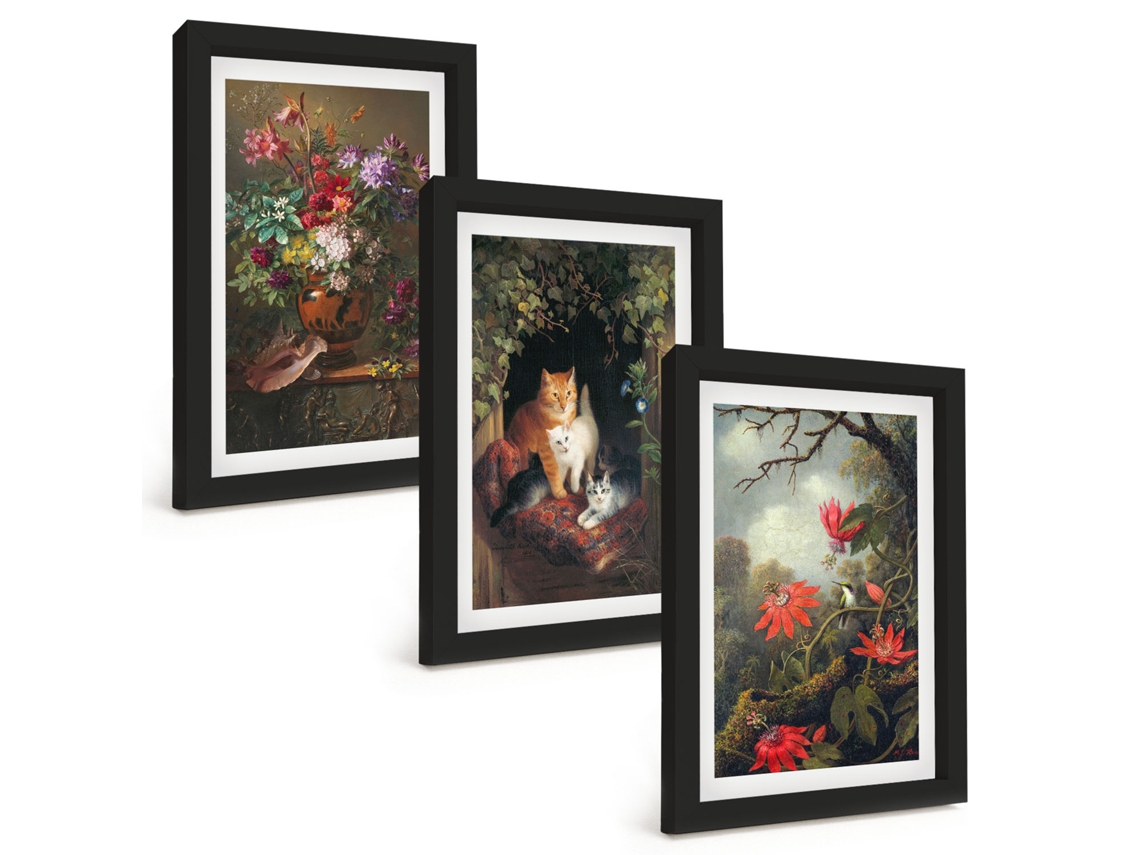 Composição De Quadros Flores Vintage, Gatos, Natureza Espelharte (3 Peças 20x30 Cm)