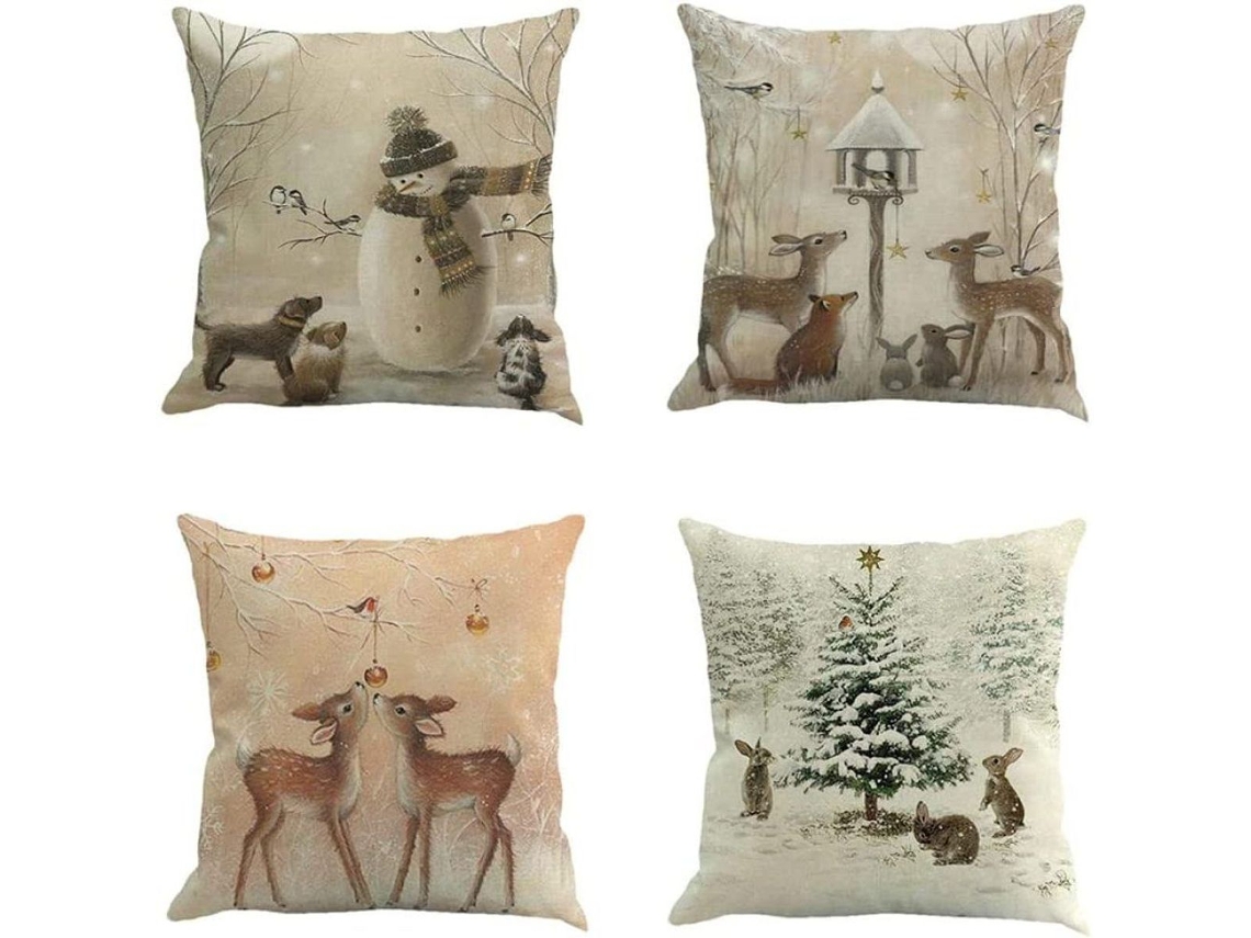 Fronhas De Natal 45x45 - Conjunto De 4 Com Renas E Bonecos De Neve Fofos Klb