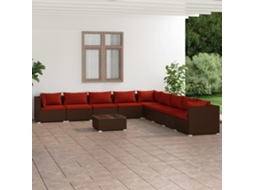 Vidaxl 10 Pcs Conjunto Lounge De Jardim C/ Almofadões Vime Pe Castanho
