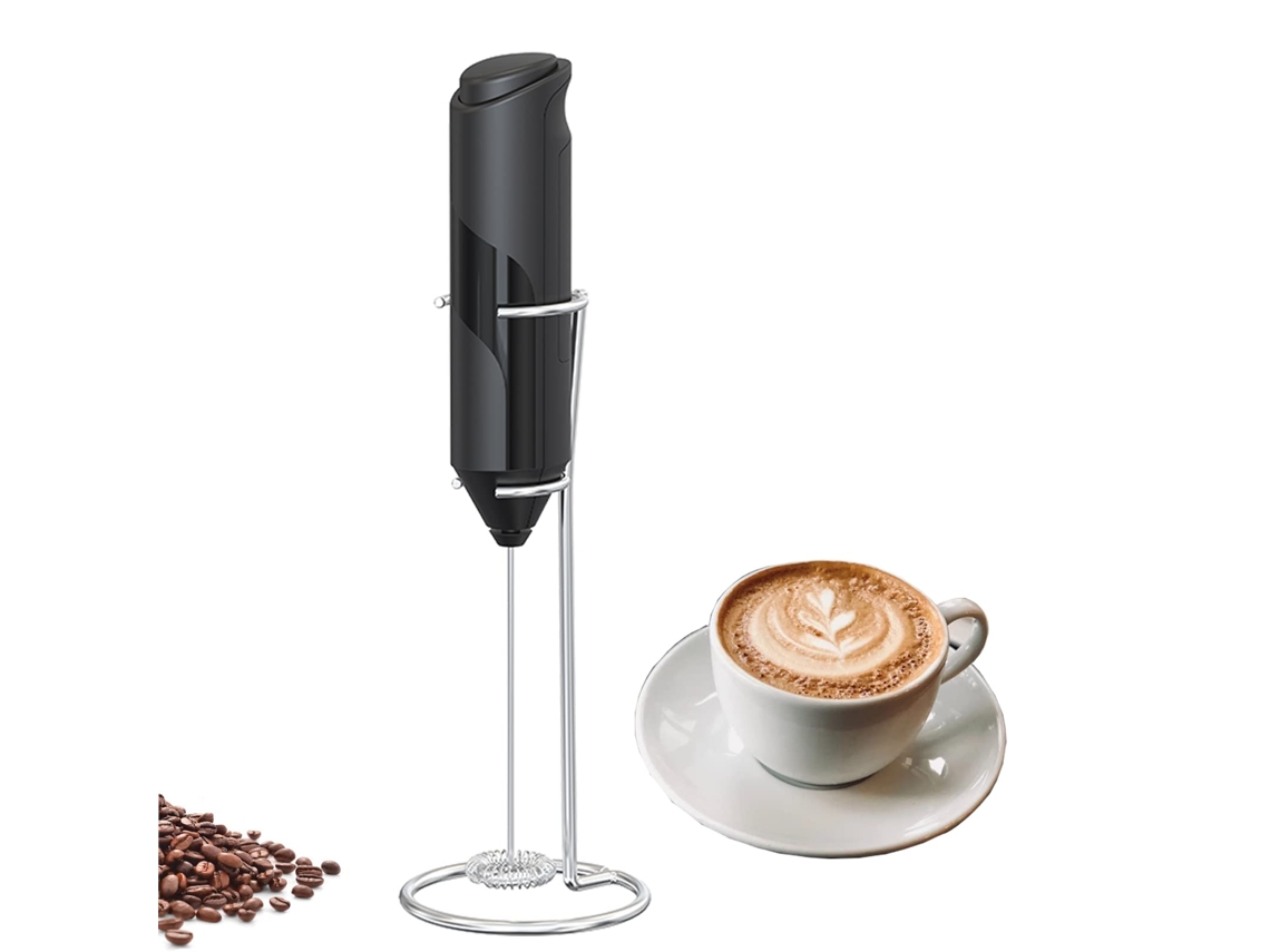 Espumador De Leite Portátil Elétrico A Bateria Para Café, Latte, Cappuccino E Chocolate Quente. Inclui Suporte Em Aço Inoxidável (preto).
