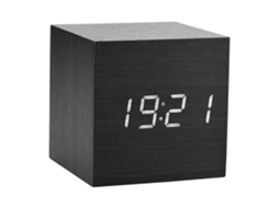 Despertador de LED para área de trabalho, com visor digital em formato de cubo/retângulo/triângulo, exibindo temperatura e dados, e alarme digital (não aplicável).