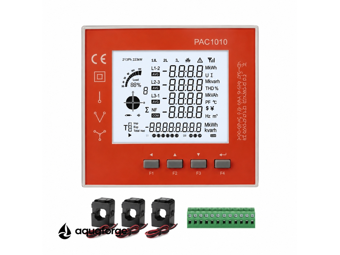 Medidor Elétrico Multifuncional Aquaforge Pac1010 Com Ecrã Lcd E Rs485 Modbus Para Quadro Elétrico