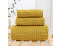 Conjunto de 3 Toalhas de Algodão Puro com Textura Waffle, na Cor Amarela BRILVIBERA (35x35cm/ 80x35cm/ 140x70cm)