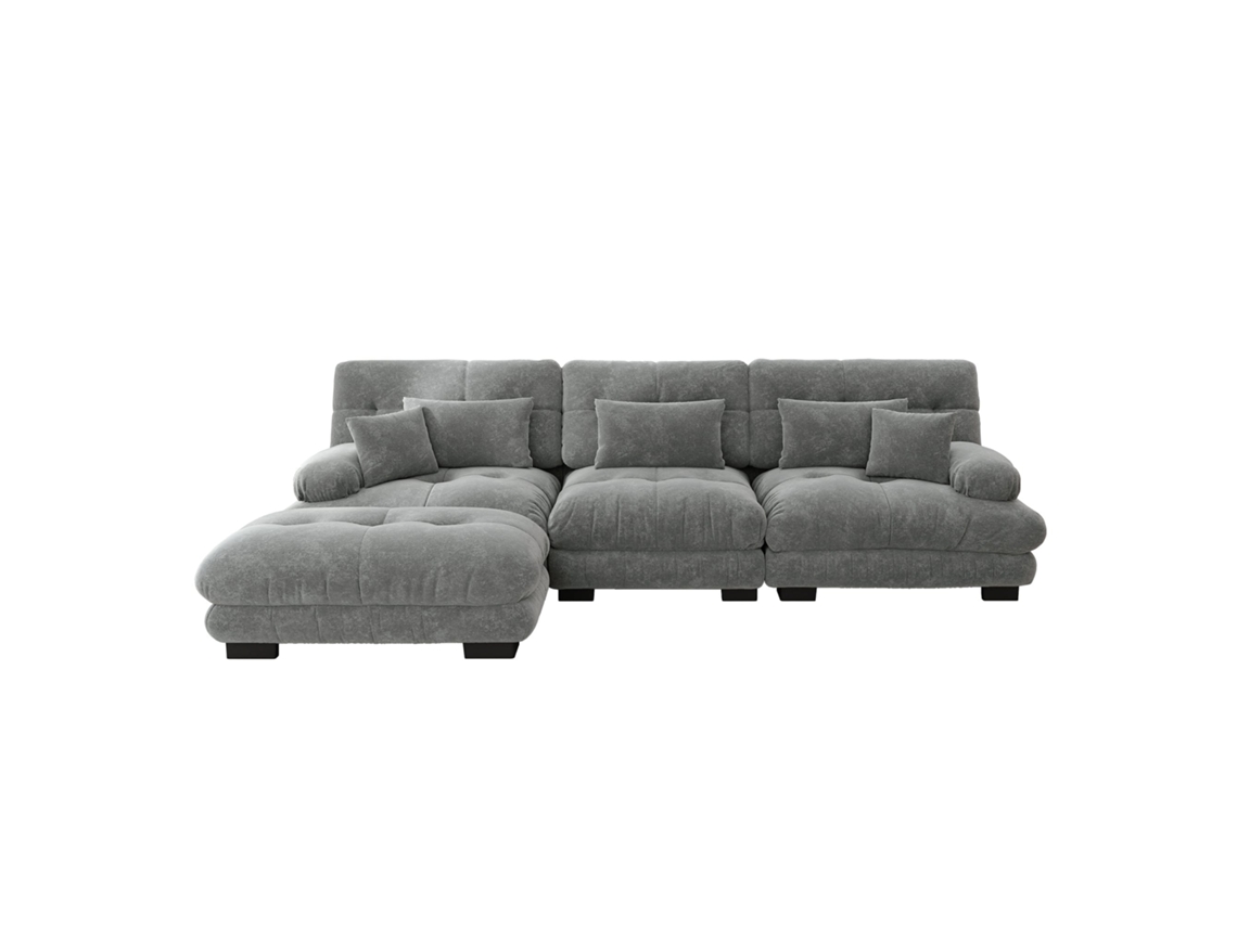 Sofá de Canto Modular Luxuoso em L Sofá cama Profundo Estilo Nuvem com Pufe em Veludo Cinza Chenille para Sua Sala de Estar PAPRIKA SHOP