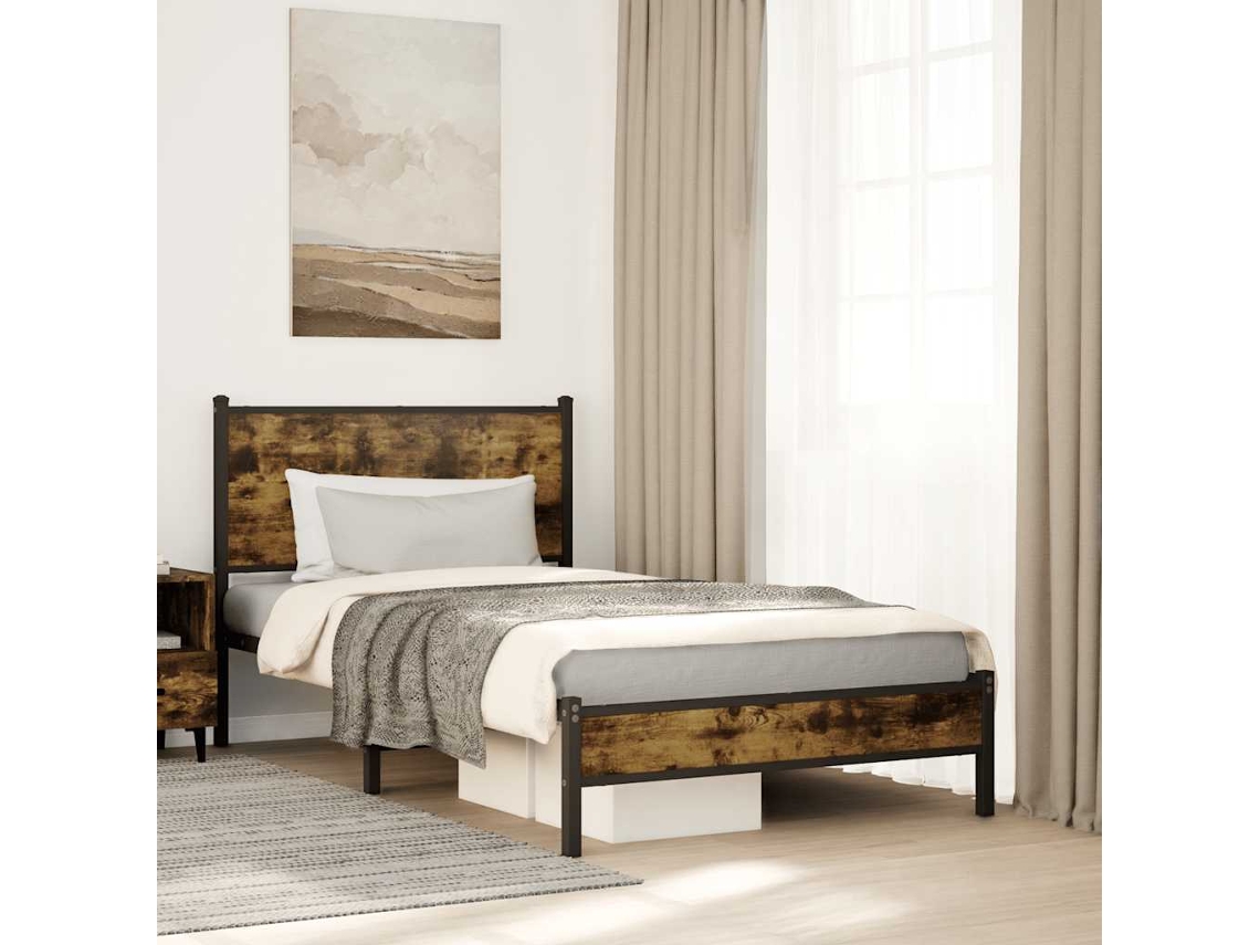 Vidaxl Estrutura De Cama Sem Colchão 100x200 Cm Metal Carvalho Fumado