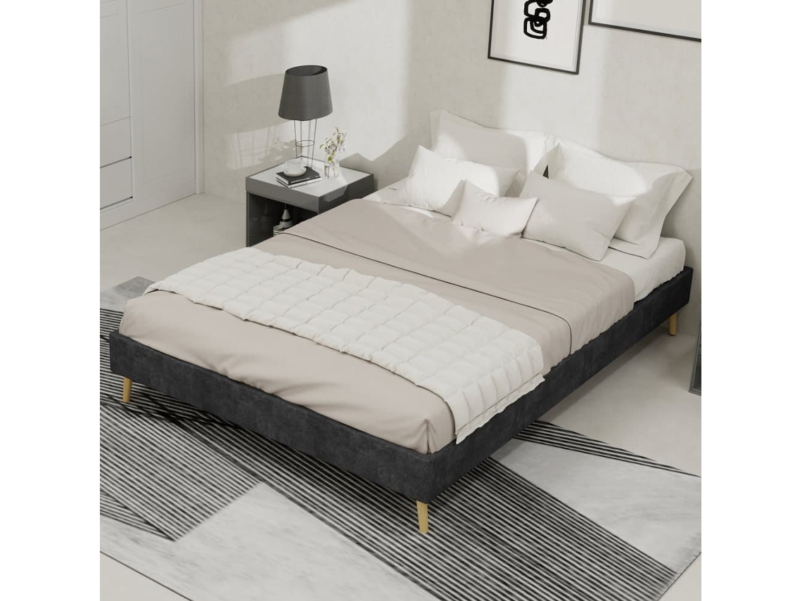 Cama Moderna Minimalista 140x200 - Base Baixa, Estilo Moderno - Cinza