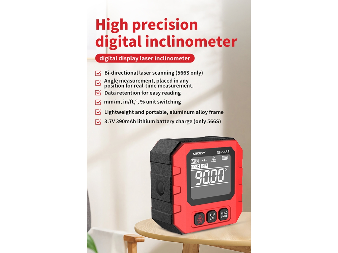 Yuru inclinômetro Digital Portátil 4*90° com Retroiluminação, Imãs Cinco Lados e Função de Retenção de Dados