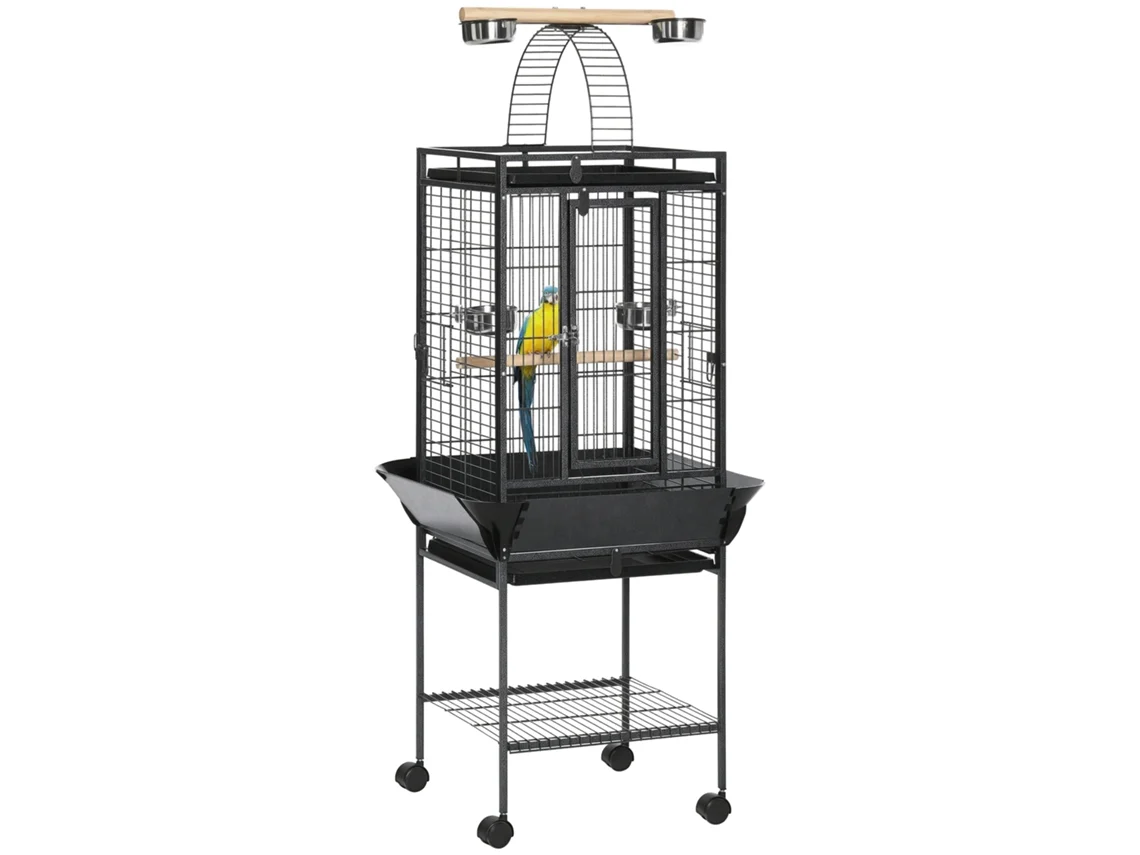 Gaiola Pássaros Rodas 62,5x62,5x156 Cm Poleiros Comedouros Cinza
