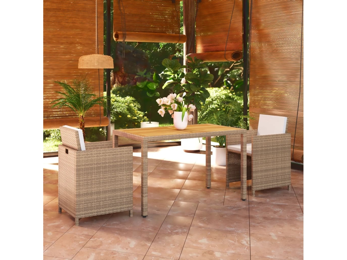 Vidaxl 3 Pcs Conjunto Jantar P/ Jardim C/ Almofadões Vime Pe Bege