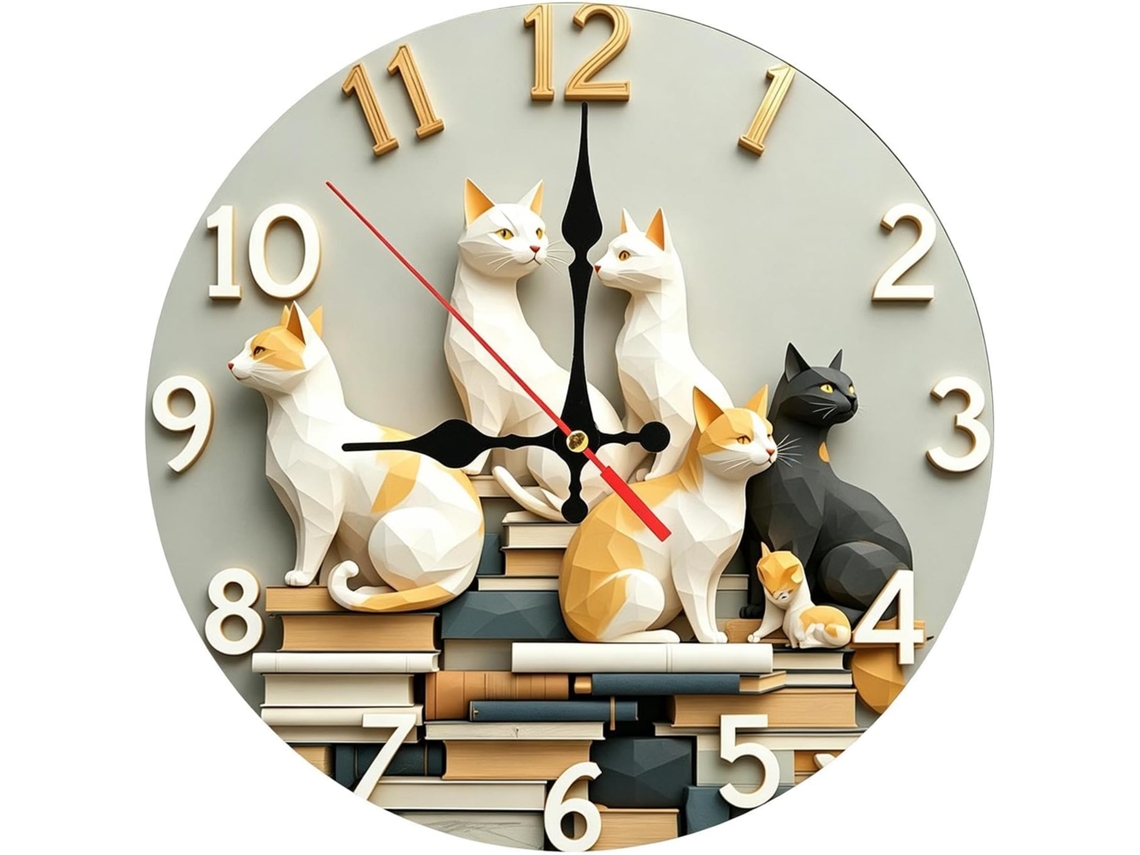 Relógio De Parede Com Um Gato, 30 Centímetros, Silencioso E |