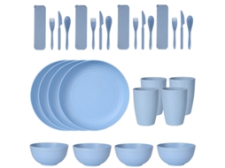 Conjunto de Talheres de Plástico com 24 Peças, Incluindo Pratos, Copos, Colheres e Facas. MDUG (azul)