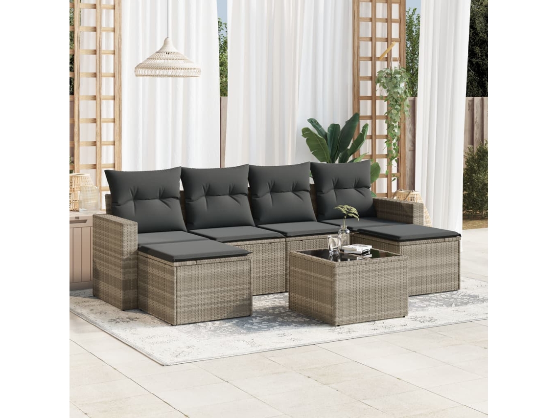 Vidaxl 7 Pcs Conj. Sofás Jardim Com Almofadões Vime Pe Cinzento-claro