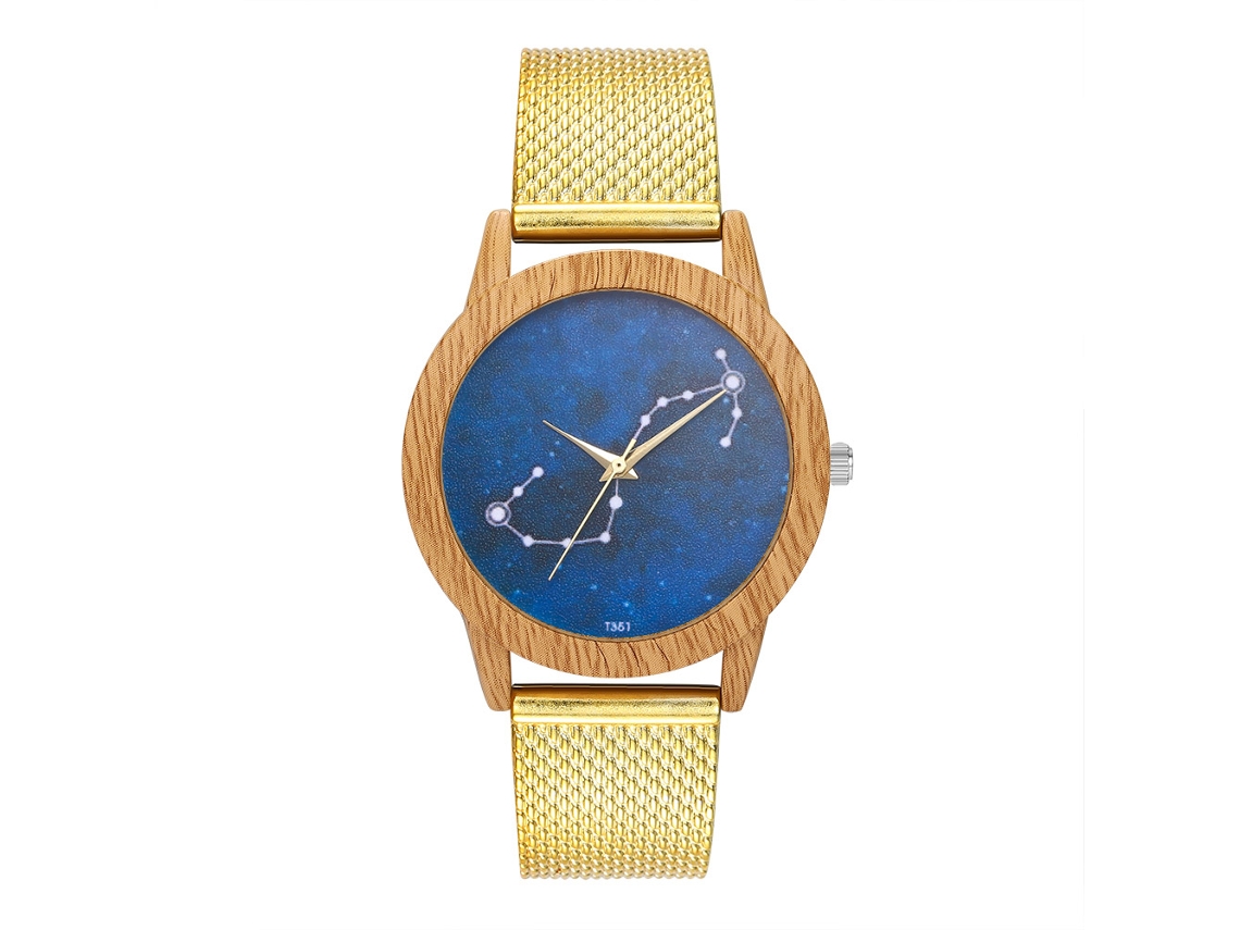 Relógio Feminino Casual Pulseira de Silicone Malha Grão de Madeira Ouro com Movimento de Quartzo