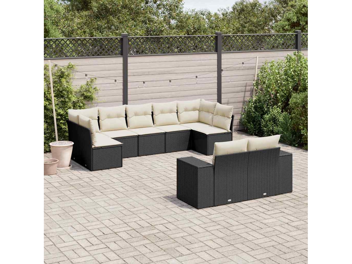 9 Pcs Conjunto De Sofás P/ Jardim C/ Almofadões Vime Pe Preto Dkd Home Decor