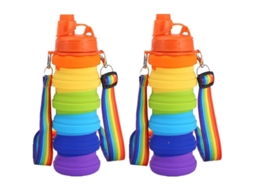 Garrafa de água dobrável de silicone com estampa de arco-íris, reutilizável e portátil, 500ml, livre de BPA, ideal para viagens e esportes.